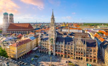 Munich skyline with  Marienplatz town hall in Germany